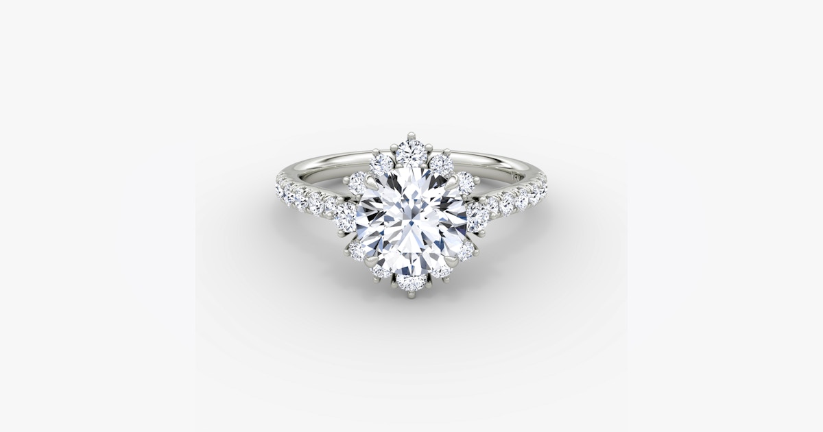 VRAI Aurora Halo round brilliant laboratory-grown diamond engagement ring with pave band in platinum